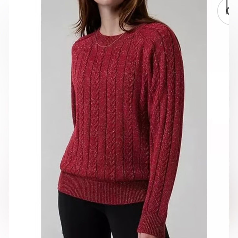 ATHLETA - RED Crosswoods Metallic Holiday Sweater Cable Knit Crew Wool | Size M